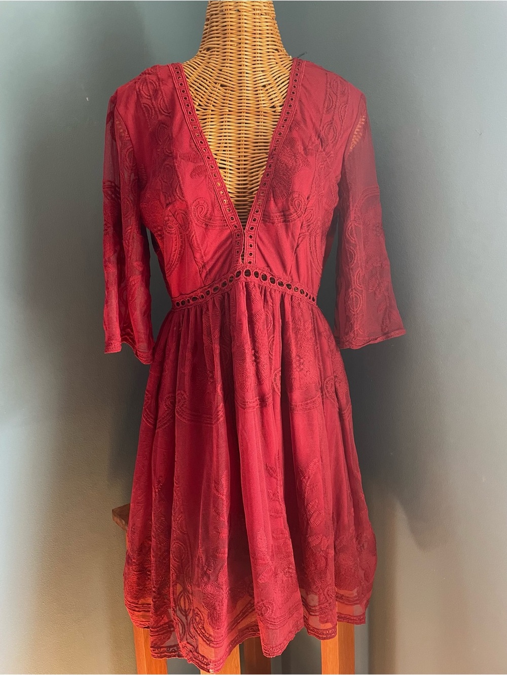 NWT Southern Fried Chics Red Lace Plunge Dress Boho Flirty Fit Flare Small